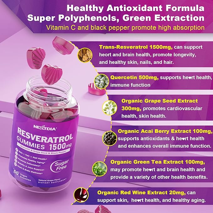 Resveratrol Supplement 1500mg - Resveratrol Gummies Supports NAD⁺ NMN &amp NMNH Synergy with Quercetin Grape Seed Acai Berries Extracts for Antioxidant Healthy Aging &amp longevity Skin Brain