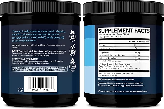 L-Arginine Powder - Nitric Oxide Supplement for Men and Women with L-Citrulline and Beet Root - Pre and Post Workout Support for Endurance and Recovery - Unflavored 1 Month Supply (30 Scoops)
