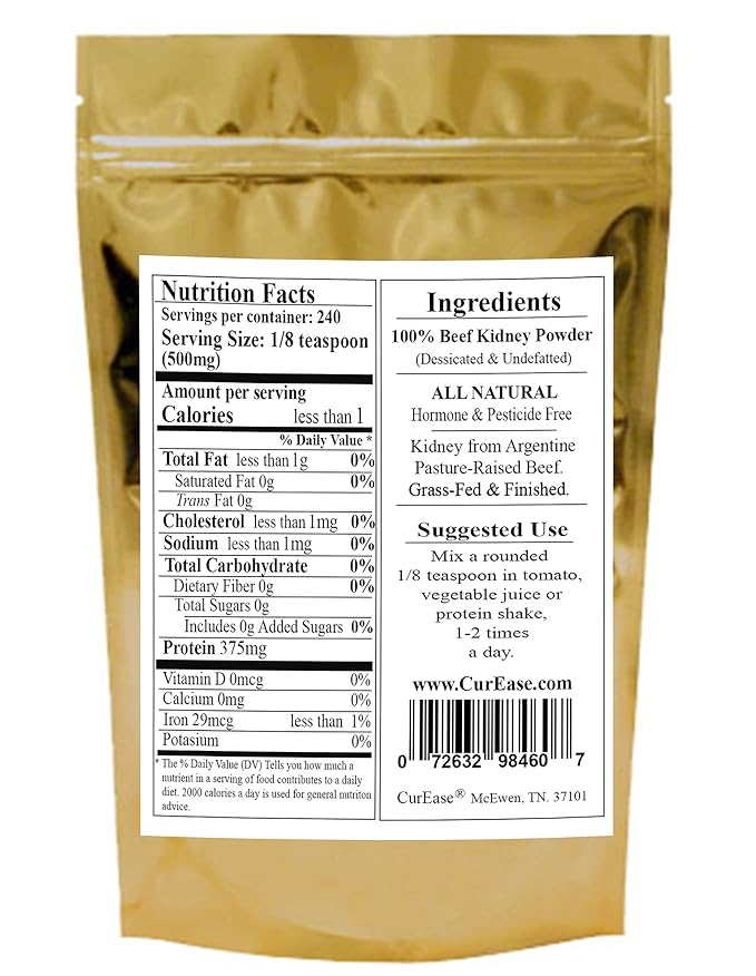 Argentine Beef Kidney Powder Grass Fed &amp Finished 4.2 Ounces 240 Servings