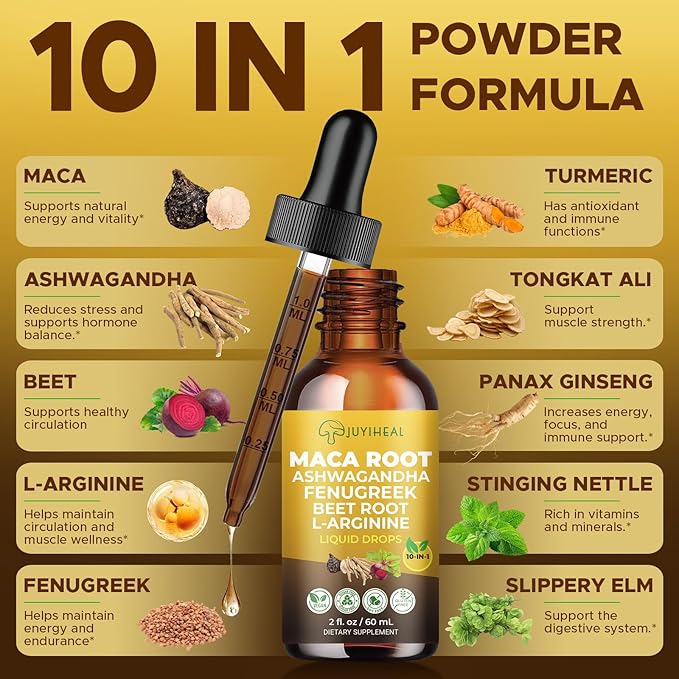 10-in-1 Maca Root Liquid Drops Maca Root with Ashwagandha Nettle Fenugreek Beet Root and L-Arginine Maca Supplement for Overall Support - 2 fl oz