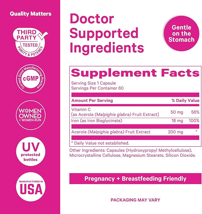 Pink Stork Prenatal Iron Supplement for Women - 18 mg Non-Constipating Iron &amp Vitamin C for Pregnancy Postpartum &amp Breastfeeding - Focus Fatigue &amp Blood Cell Production - 4 Month Suppl
