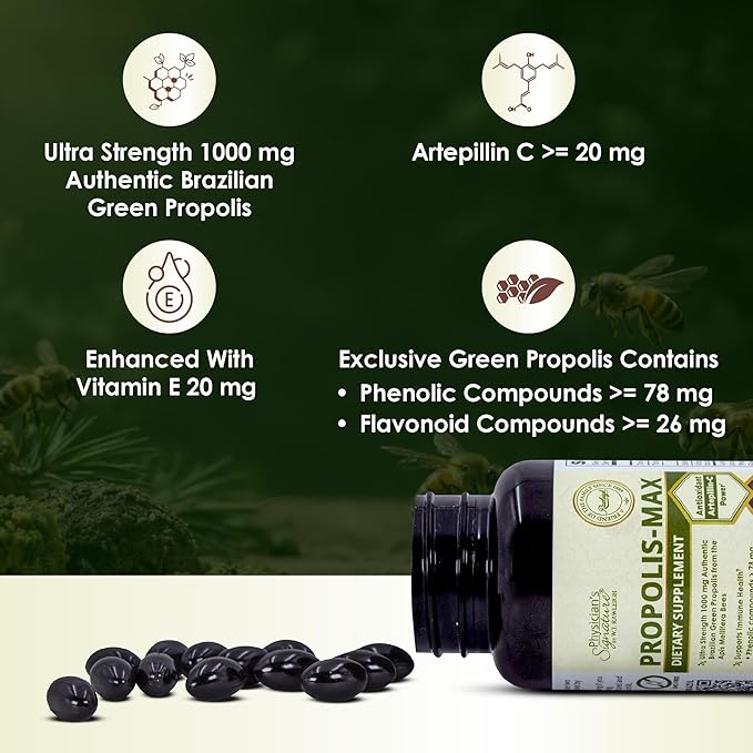 Rawleigh Propolis Max: 60 Vegetarian Softgels - Brazilian Green Propolis with Phenolic Flavonoid &amp Artepillin C Compounds &amp Vitamin E - Supports Immunity Wellness