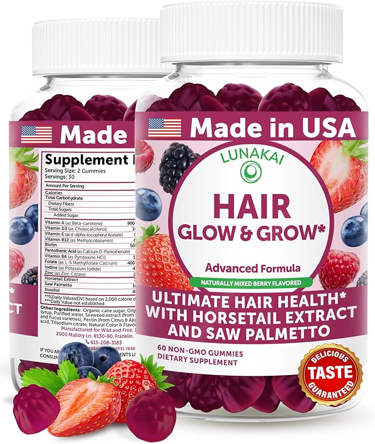 Lunakai USA Made Super Hair Gummies with Biotin Zinc Horsetail Extract &amp Saw Palmetto - Hair Growth Vitamins for Women &amp Men – Supports Thicker Longer Stronger Tresses Skin &amp Nails 6