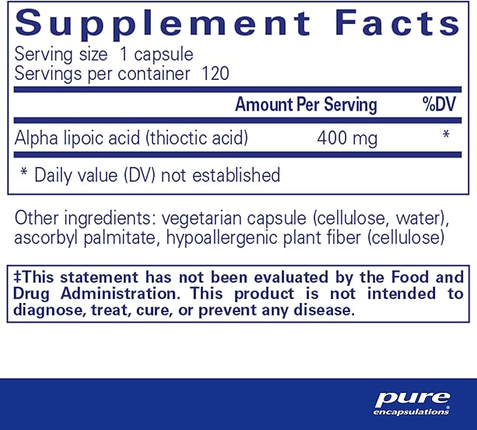 Pure Encapsulations Alpha Lipoic Acid 400 mg | ALA Supplement for Liver Support Antioxidants Nerve and Cardiovascular Health Free Radicals and Carbohydrate Support* | 120 Capsules