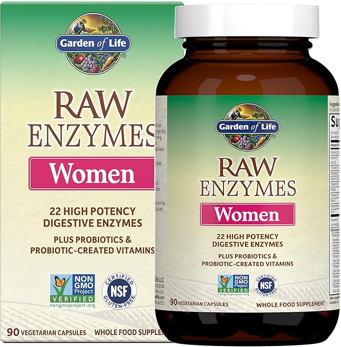 Garden of Life 22 Powerful Raw Enzymes for Women with Papain Bromelain Lactase plus Probiotics and Vitamins B12 Biotin and Zinc Dietary Supplement with Digestive Enzymes Vegetarian 90 Capsules