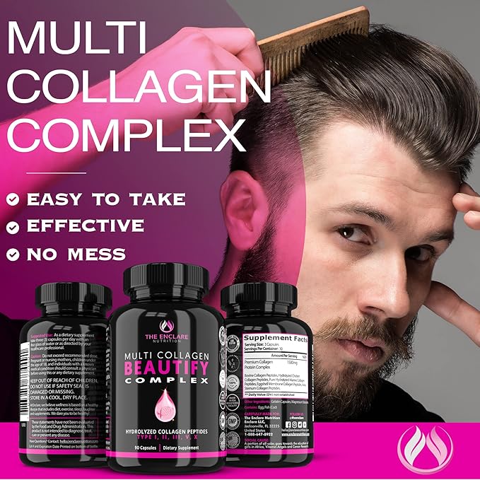 Collagen Pills - Beautify Multi Collagen Complex Capsules Type I II III V X | Extra Strength Hydrolyzed Collagen Peptides Supplements. Hair Skin Nails Vitamins 1800mg Collagen Capsules (1)