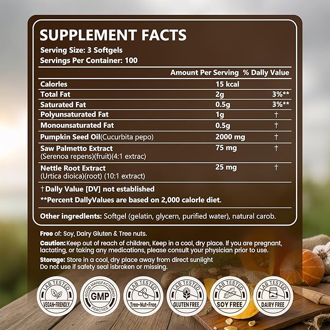 Pumpkin Seed Oil Capsules with Saw Palmetto and Nettle Root 2000mg Per Serving 300 Softgels Vegan Rich in Essential Fatty Acids (Omega-6 &amp Omega-9)