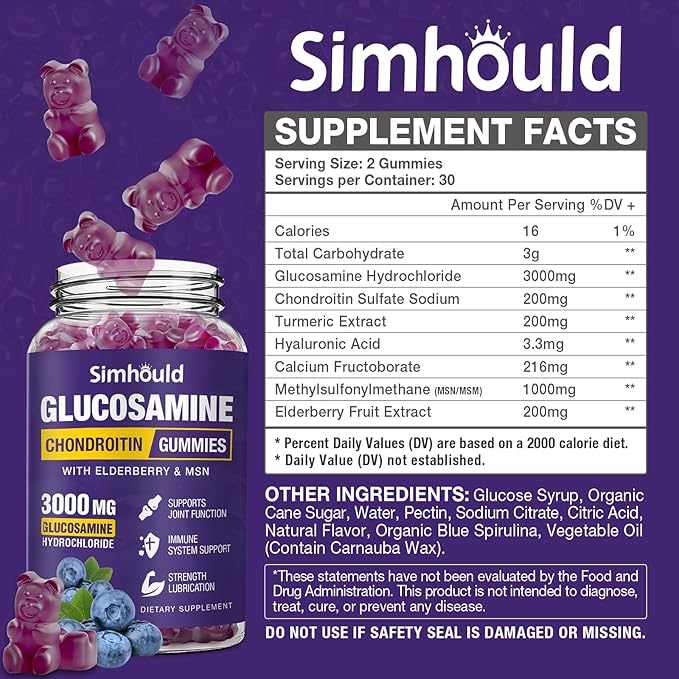 Simhould 2 Packs Glucosamine Chondroitin Gummies - 3000MG Extra Strength Joint Support Supplement with MSM &amp Elderberry Flexibility Antioxidant Immune Support Gummy for Adults Men &amp Women
