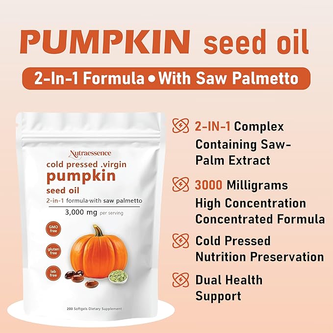 Nutra essence Pumpkin Seed Oil with Saw Palmetto200 Softgels | Cold Pressed Pure Virgin Oil Essential Fatty Acids &amp Phytosterols | Supports Hair Urinary Bladder &amp Prostate Health | Non-GM