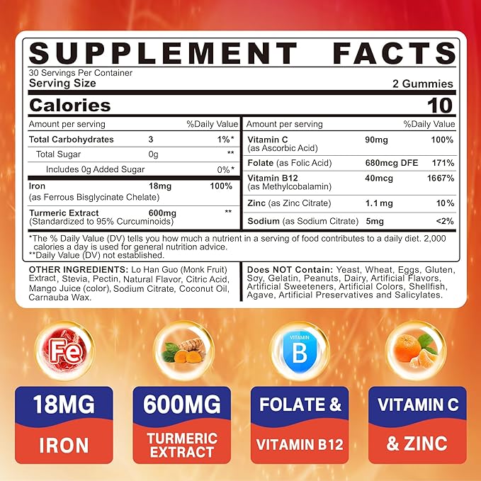 Vegan Iron Gummies Supplement with Vitamin C B12 Folate &amp Turmeric - Energy &amp Immune Health | Gummy Iron Bisglycinate 18mg Gentle &amp Non-Constipating for Iron Deficiency Anemia Women Men