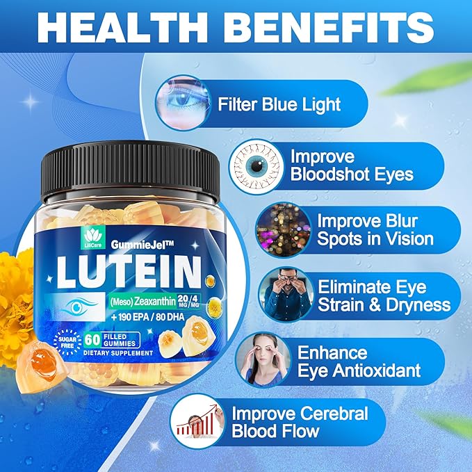 Sugar Free Lutein 20mg Zeaxanthin Filled Gummies + Natural Calm Filled Gummies for Adults with Ashwagandha and Vegan Omega 3