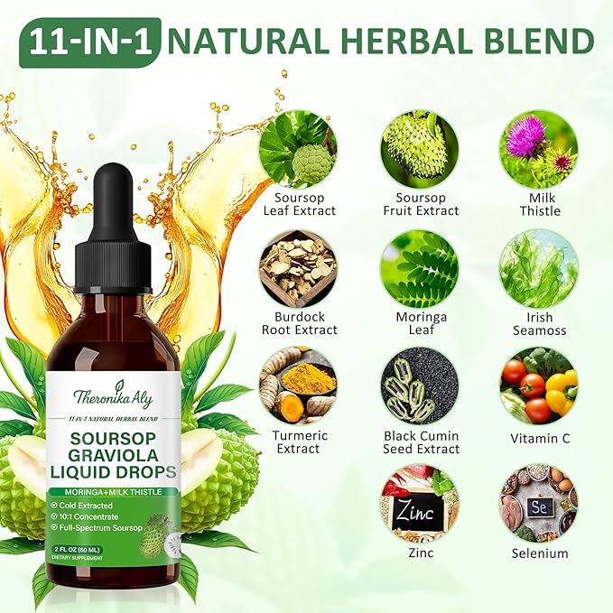 Soursop Bitters Liquid Drops 11-in-1 Herbal Blend with Soursop Extract Sea Moss Moringa Turmeric Black Cumin &amp Milk Thistle Soursop Drops for Daily Wellness 2 Fl Oz