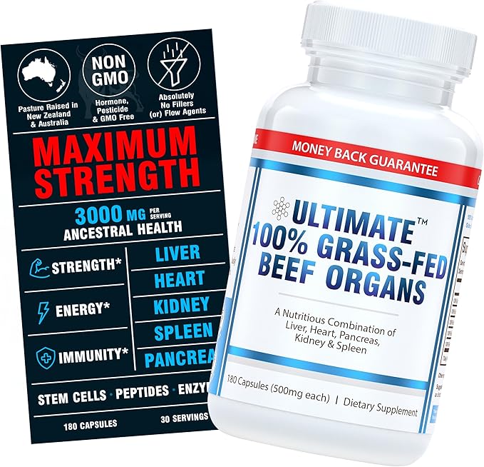 Ultimate 100% Grass Fed Beef Organs Supplement Supports Energy &amp Whole Body Wellness* with a Complex of Desiccated Beef Liver Heart Kidney Pancreas &amp Spleen. Pesticide Free &amp Non-GMO 1