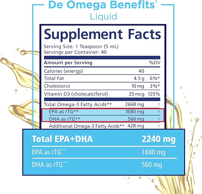 DE Omega Benefits Liquid Supplement - 6.7 oz 40-Day Supply - Re-Esterfied Omega 3 Triglyceride Form with 1680mg EPA 560mg DHA &amp Vitamin D for Dry Eyes