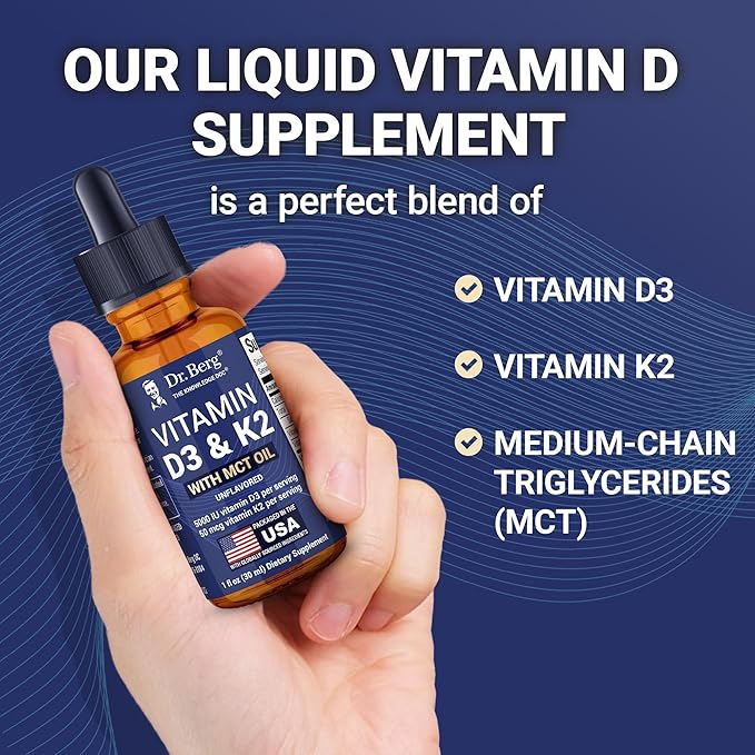 Dr. Berg Maximum Strength Vitamin D3 K2 Liquid Drops with MCT Oil – 5000 IU Liquid Vitamin D3 with K2 – Supports Strong Bones Heart Energy Immunity and Overall Vitality* - Unflavored 1 Fl Oz