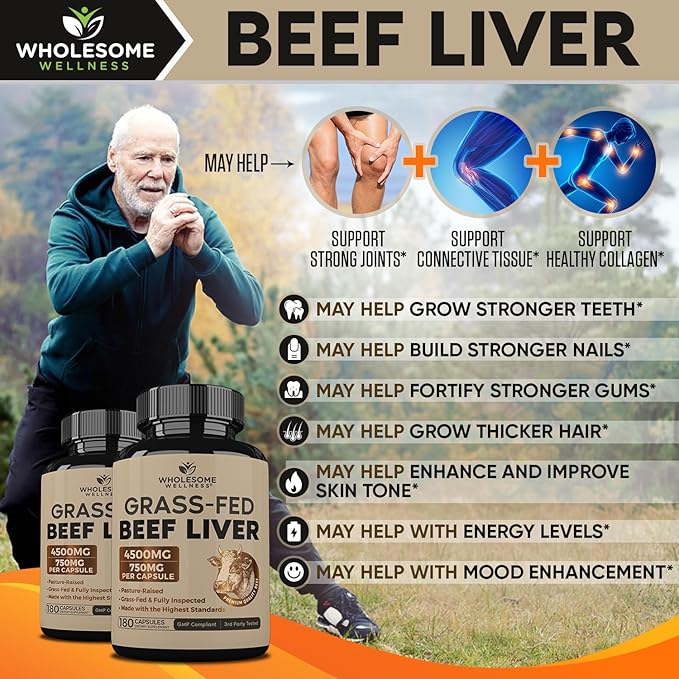 Wholesome Wellness Grass Fed Desiccated Beef Liver Capsules (180 Pills 750mg Each) - Natural Iron Vitamin A B12 for Energy - Raised Undefatted in New Zealand Without Hormones or Chemicals