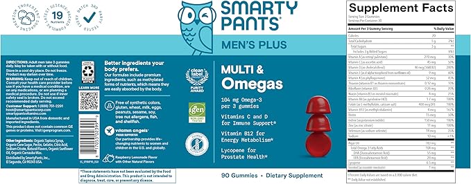 SmartyPants Men's Multivitamin Gummies with Omega 3 DHA/EPA Methylfolate Vitamin D3 C B12 B6 A K Zinc Raspberry Lemonade Flavor 90 Count (30 Day Supply)