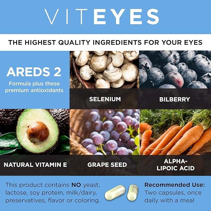 Viteyes AREDS 2 Advanced Macular Support with Bilberry grapeseed FLORAGLO Lutein Selenium Natural Vitamin E Allergen Free Eye Vitamins for Vision Protection 60 Count