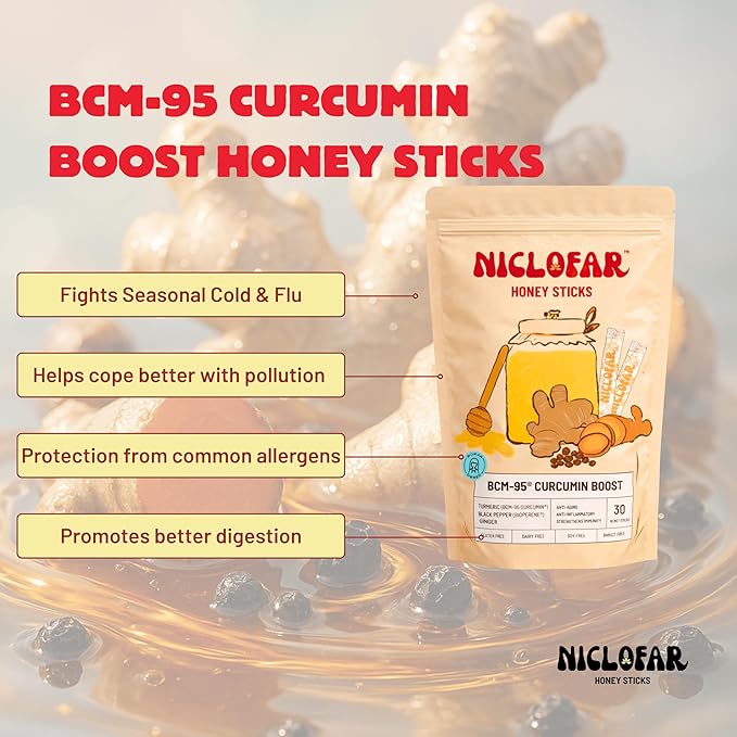 BCM 95 Curcumin Turmeric Ginger Honey Immunity Sticks 400 mg high absorption Curcugreen with BioPerine (Black Pepper) | Common Allergy | Digestive | Gut Health | Bone Health | Turmeric Latte