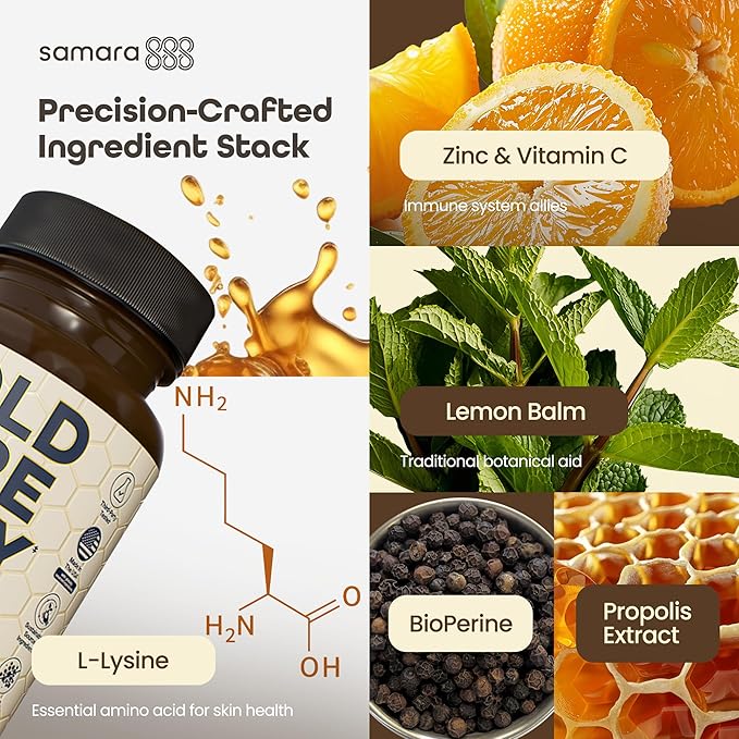 Samara 888 L Lysine Cold Sore Treatment Support Herbal Cold Sore Supplement w/Zinc Picolinate Olive Leaf Extract Beta Glucan &amp Bee Propolis for Skin &amp Lip Health 90 Capsules