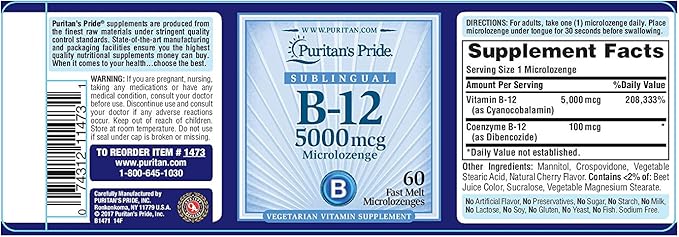 Puritans Pride Vitamin B-12 Helps Convert Food into Energy* 5000 Mcg Sublingual- Microlozenges 60 Count (Pack of 1)