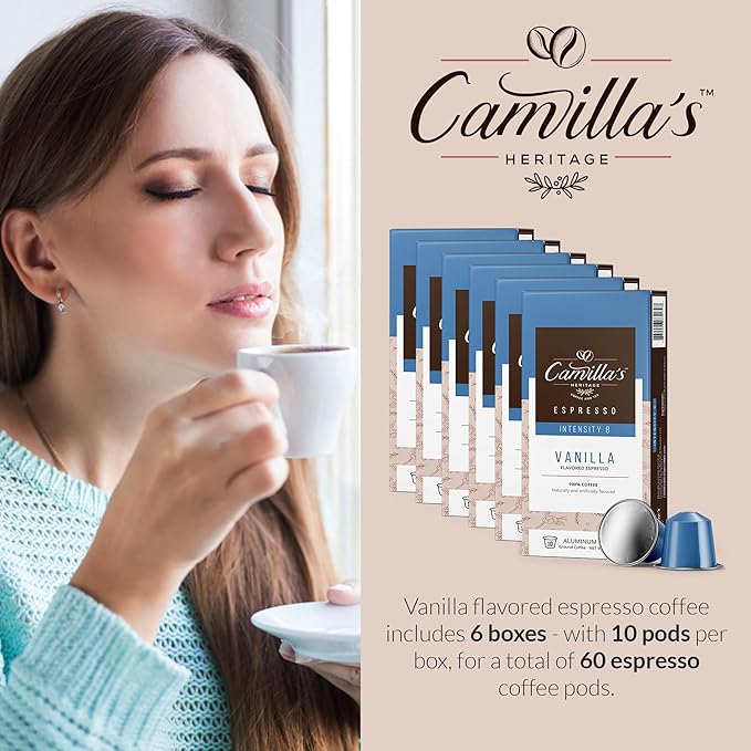 Camilla’s Heritage - Intensity 8 Vanilla Flavored Espresso Coffee Gourmet Espresso Cups 60 Coffee Pods