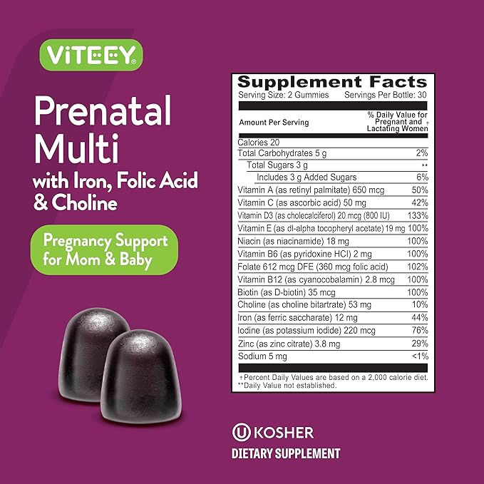 Viteey Prenatal Gummies for Women - Prenatal with Iron for Pregnancy with Choline &amp Folic Acid Gummies - Vegetarian Gluten Free - 120 Count
