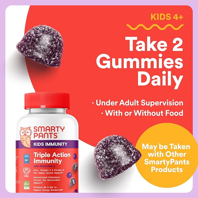 SmartyPants Kids Digestive &amp Immune Support Bundle: Fiber &amp Veggies + Elderberry Gummies with Prebiotic Fiber Vitamins C D3 B12 &amp Zinc – Gluten Free Non-GMO 60 Count Each (Pack of 2)