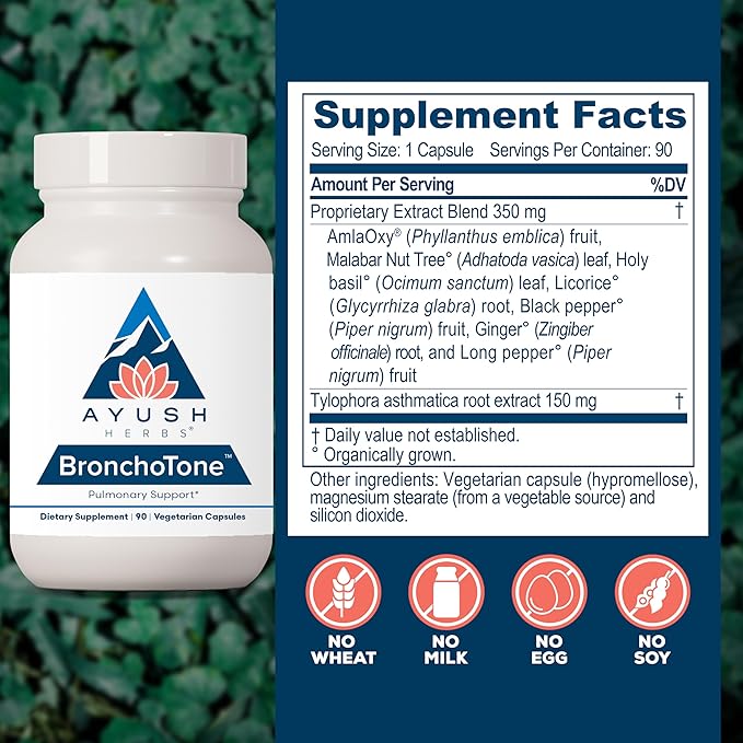 Ayush Herbs Bronchotone - Bronchial Support Respiratory and Immune-Support Support Supplement for Women &amp Men Adults Pulmonary Care Supplement - 90 Vegetarian Capsules (1 Count)