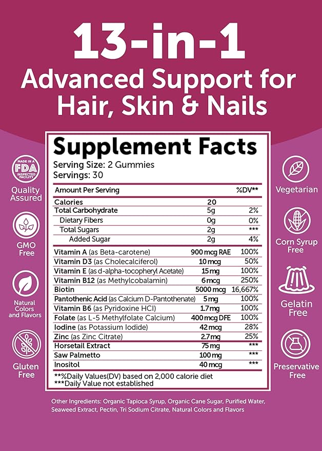 Lunakai USA Made Super Hair Gummies with Biotin Zinc Horsetail Extract &amp Saw Palmetto - Hair Growth Vitamins for Women &amp Men – Supports Thicker Longer Stronger Tresses Skin &amp Nails 6
