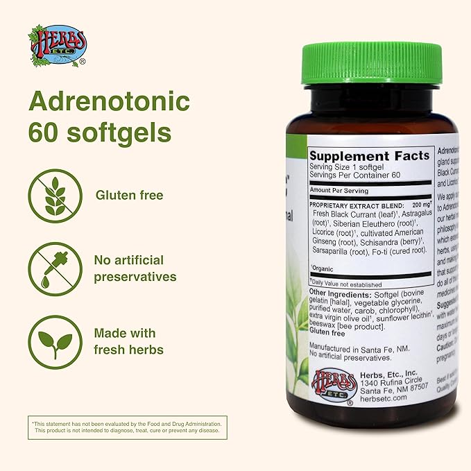 Herbs Etc. Adrenotonic - Herbal Supplement for Adrenal Gland Health Support - Energy Support Supplement for Men &amp Women - 60 Softgels (60 Servings)