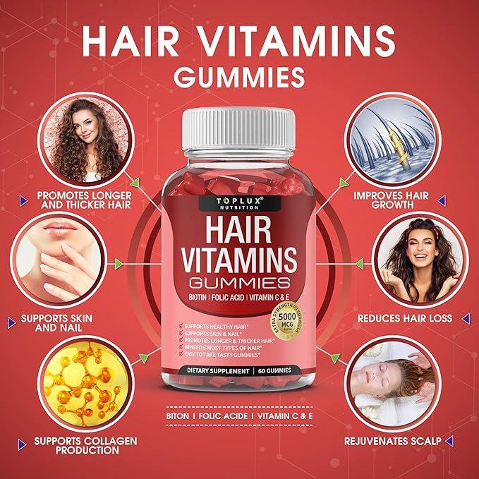 Hair Vitamins Gummies Supplement – Faster Hair Growth Gummy 5000mcg Biotin Folic Acid Vitamin C &amp E Support Stronger &amp Thicker Hair Skin Nails Non-GMO for Men Women 60 Berry Flavored G