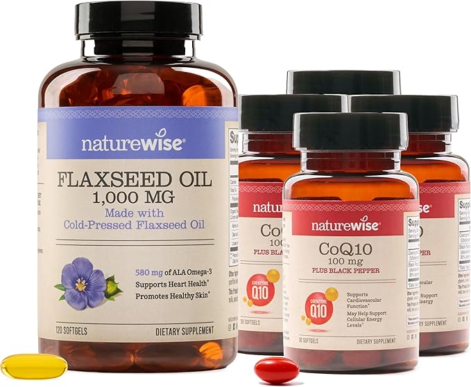 NatureWise [1] Flaxseed Oil 1000mg - Organic Cold Pressed - 120 Softgels[120-Day Supply] + (Pack of 4) CoQ10 100mg + Black Pepper High Absorption - 30 Softgels[30-Day Supply]