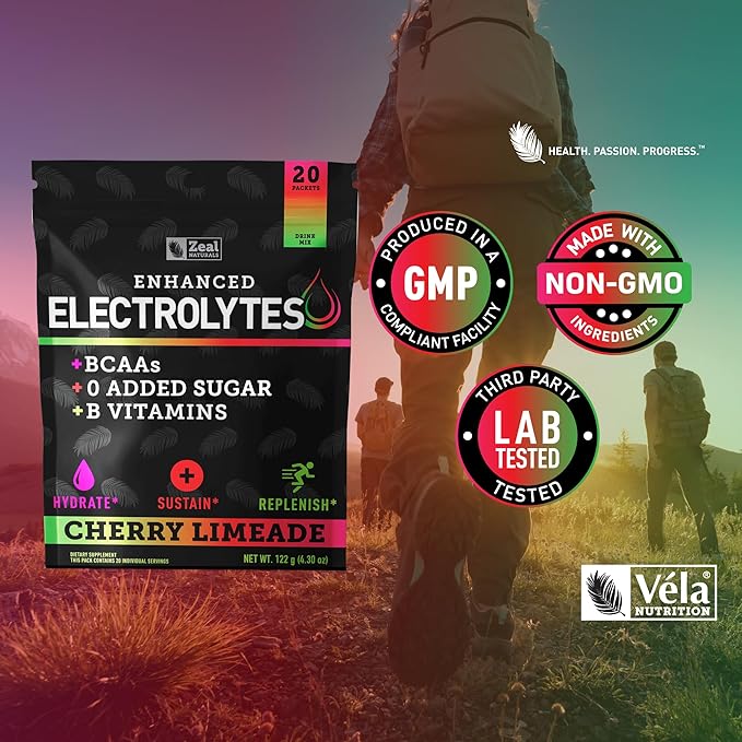 Enhanced Electrolyte Powder Stick Packs (Cherry Limeade | 20 Packets) w/ 0 Sugar +BCAAs +B-Vitamins Electrolyte Supplement w Potassium Zinc &amp Magnesium for Hydration - Keto Electrolytes