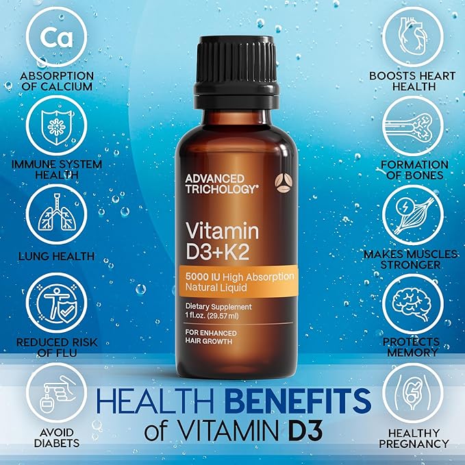 Advanced Trichology Vegetarian Liquid Vitamin D3 + K2 – 5000 IU High Absorption – 1000 IU per Drop – 6 Month Supply – Gluten Free 365 Vitamin D3 + K2 – 1 Fluid Ounce (Pack of 1)