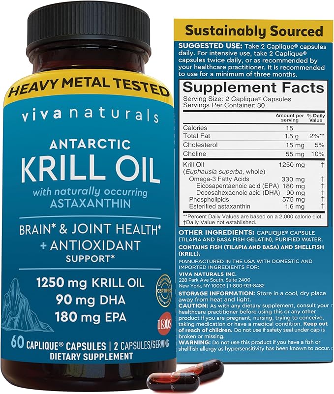 Viva Naturals Antarctic Krill Oil Omega 3 Supplements 1250 mg - DHA EPA Omega-3 &amp Astaxanthin Concentration for Joint Health No Fish Burp - 60 Krill Oil Capsules