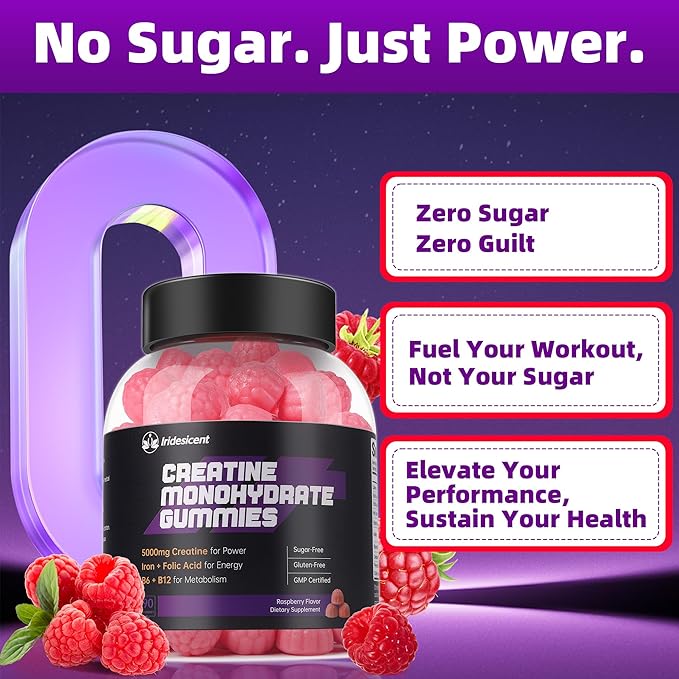 Creatine Monohydrate Gummies 5000mg w/Iron Vitamin B6 &amp B12 Sugar Free 5g Creatine Supplements for Women and Men Boost Energy &amp Muscle Recovery - 90 Raspberry Gummies