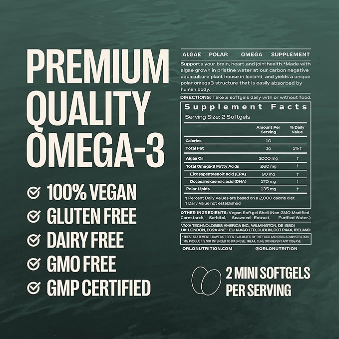 Orlo Vegan Omega 3 Algae Oil 1000mg - Natural Icelandic Nordic Omega-3 EPA &amp DHA Supplement - Fish Oil &amp Krill Alternative for Heart &amp Brain – 60 Easy-to-Swallow Burpless Mini Softgels