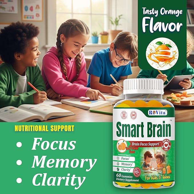 Smart Brain Kids Vitamin Gummies with Omega 3 DHA for Kids &amp Teens-Brain Support Focus Gummies for Kids - Omega 3 Brain Vitamins– Learning &amp Mental Clarity Support– 60 Gummies