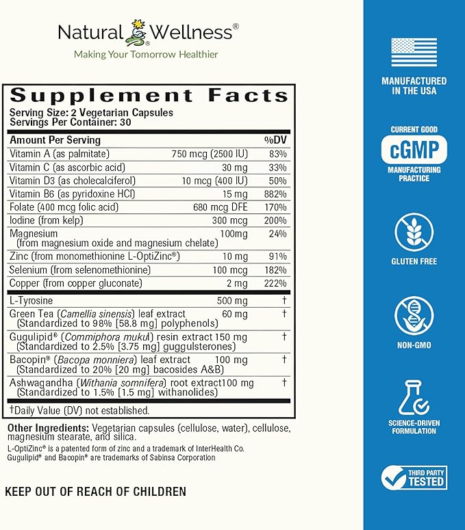 Natural Wellness Thyroid Support – Iodine Selenium &amp L-Tyrosine Supplement for Healthy Thyroid Function Energy and Metabolism – Thyroid Support for Women &amp Men – 60 Vegetarian Capsules
