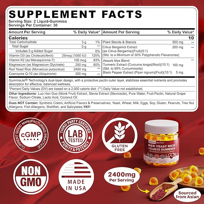 Nextdia 1 Pack Red Yeast Rice Gummies 2400MG with CoQ10 + 1 Pack Beet Root Gummies