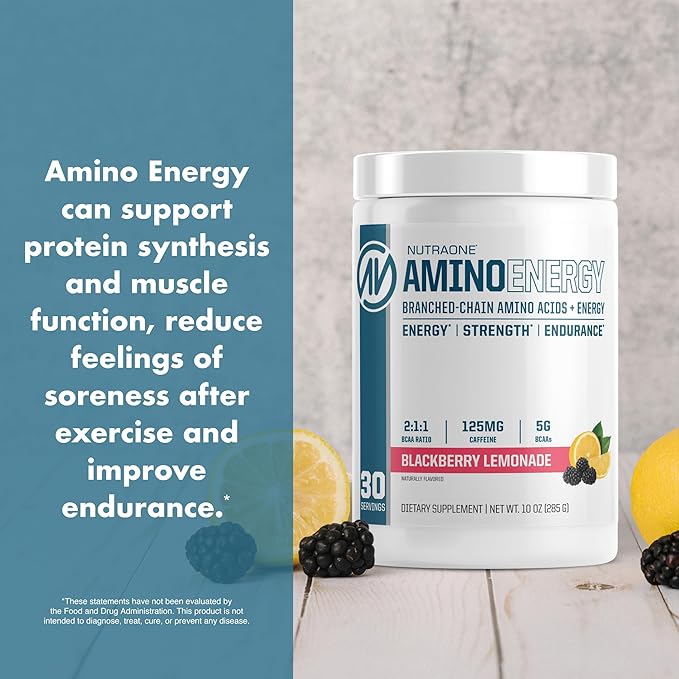 NutraOne Amino Energy BCAA Powder Pre-Workout Supplement with Caffeine Branched Chain Amino Acids to Help Fuel and Recover* (Berry Lemonade - 30 Servings)