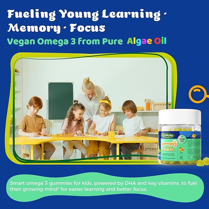Kids Omega 3 Gummies Vegan Algae DHA &amp EPA Supplements for Children with Zinc and Multivitamin Improve Focus &amp Cognition* Eye &amp Immune Support No Fish Burps Sugar Free 90 Gummies
