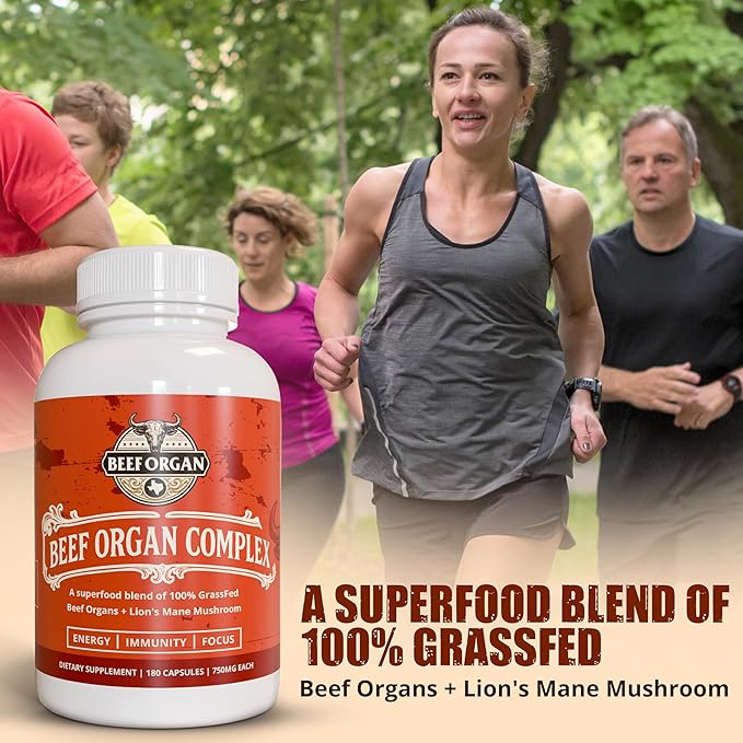 Grass Fed Beef Organ Supplement - Supports Immunity &amp Vitality - Beef Organ Complex for Men &amp Women - Superfood Blend with Lions Mane &amp Cinnamon - Pasture Raised - 180 Capsules