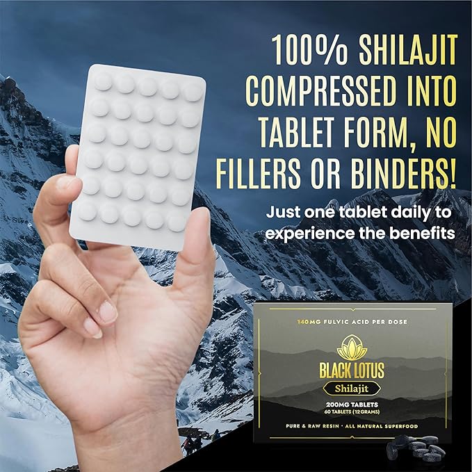 Black Lotus Shilajit Resin Tablets 60 Count 200mg Each 100% Pure Natural Shilajit for Men &amp Women with Amino Acids 140mg Fulvic Acid 85 Ionic Trace Minerals for Immune Support Focus Energy