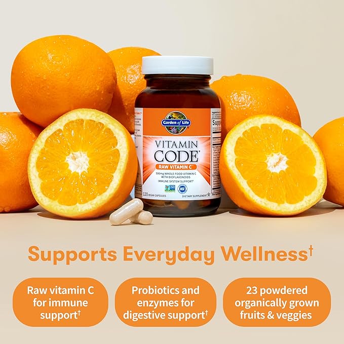 Garden of Life Vitamin Code Raw Vitamin C - 120 Capsules 500mg Whole Food Vitamin C Capsules + Fruit &amp Veggie Blend &amp Probiotics Supplements for Adults Vegan Gluten Free