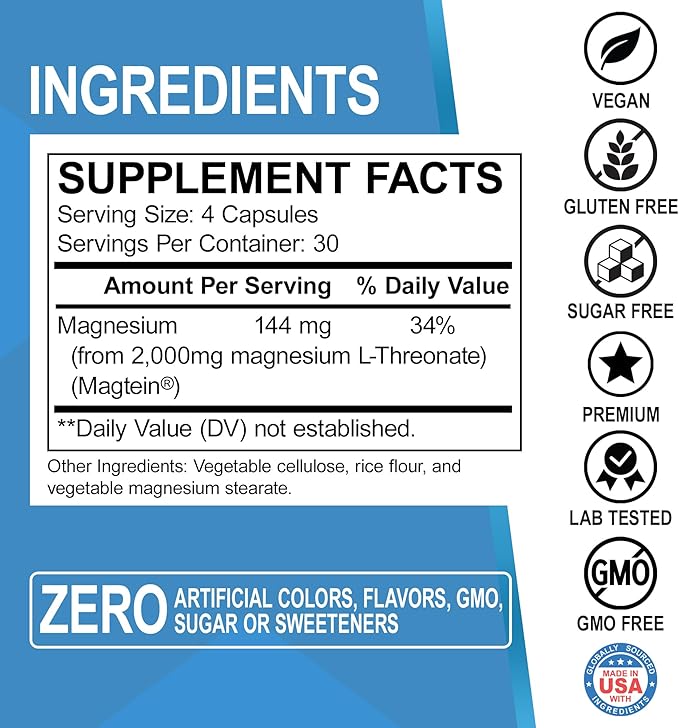 Magnesium L-Threonate Magtein Capsules - Magtein Magnesium L-Threonate 2000mg Supplement Capsules for Brain Health Memory Sleep &amp Cognitive Support - Pure Treonato de Magnesio Supplement - 120 C
