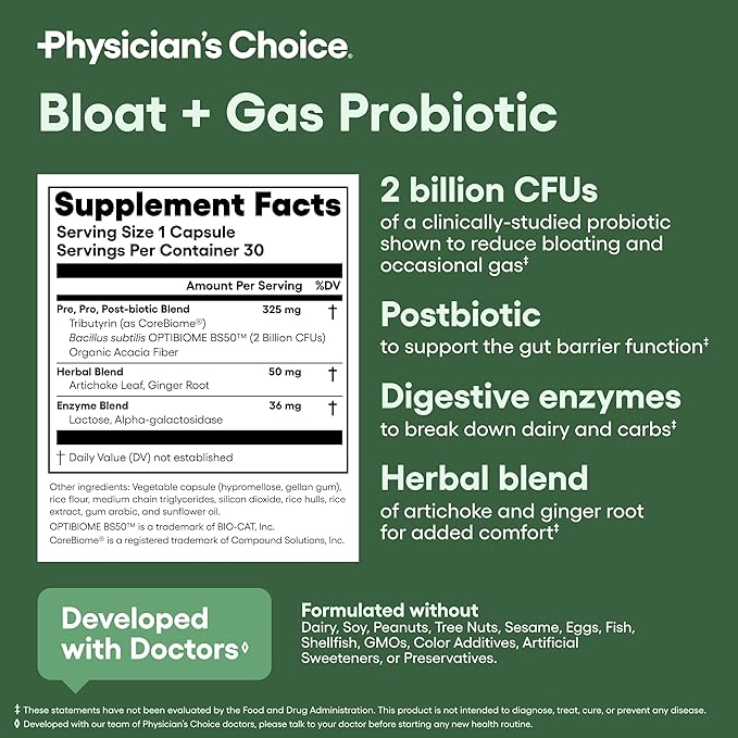 Physician's CHOICE Bloat Bundle: Bloat &amp Gas Probiotic 30ct + Digestive Enzymes 60ct