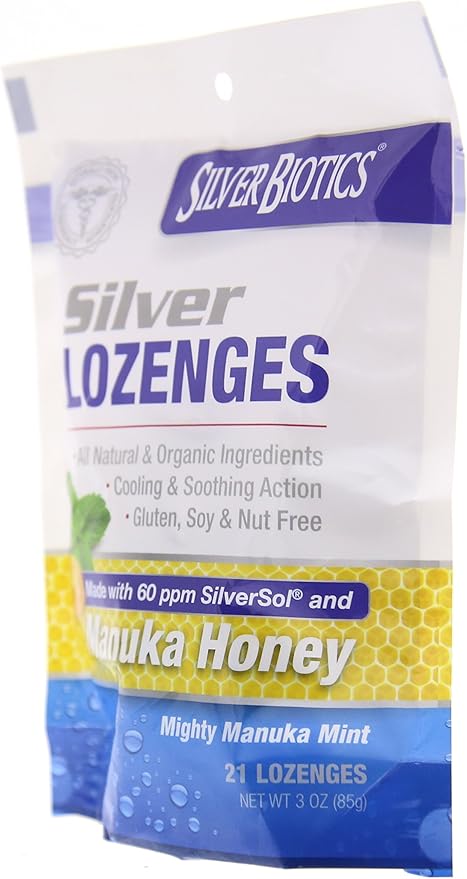 American Biotech Labs Silver Biotics Silver Lozenges w/60ppm SilverSol and Manuka Honey Mighty Manuka Mint (21 Count) (2 Pack)