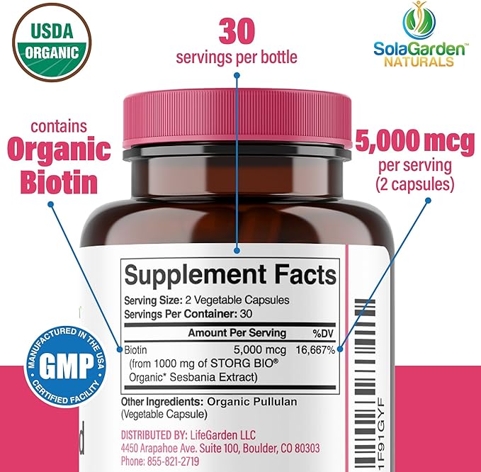 USDA Organic Whole Food Biotin Supplement Made with Plant-Based Biotin from Sesbania Agati Trees by SolaGarden Naturals 60 Non-GMO Vegan Capsules Supports Hair Skin and Nails Made in USA